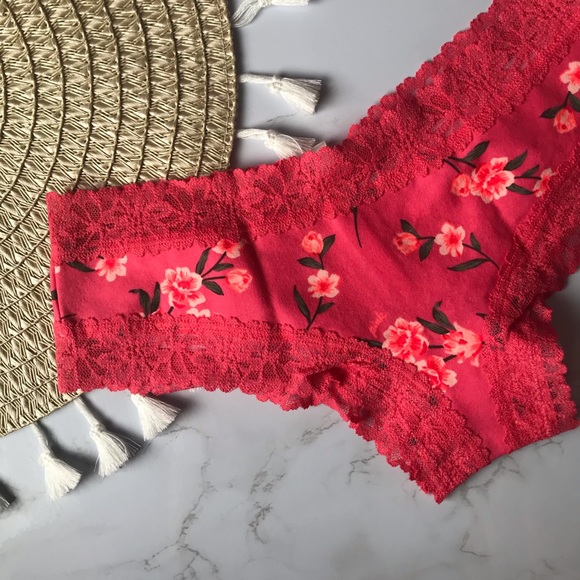 Victoria’s Secret PINK Lace Trim Cheekster Panty Coral Pink Dafodils NEW - Picture 3 of 6